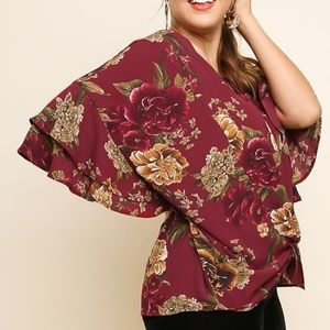 Umgee Floral V-Neck Top Bell Sleeves Knotted Waist
